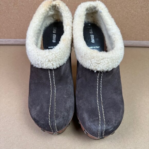 Miu Miu Winter Suede Fur Brown Cottage Studded Clog Heels EU Size 37 / US 7 - Picture 2 of 7